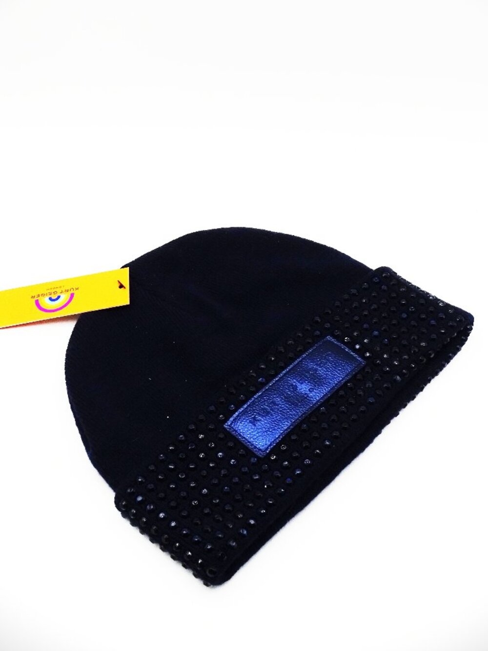 KURT GEIGER LONDON Logo Patch Crystal Cuff Navy Blue Beanie One Size